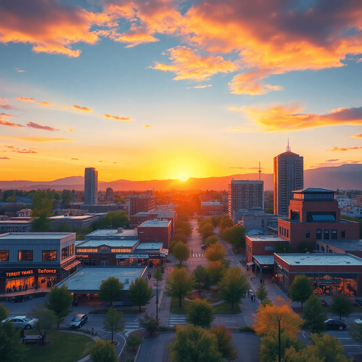 A colorful sunset over Thornton, Colorado, featuring local venues and parks filled with people socializing, with subtle symbols of connection like ...