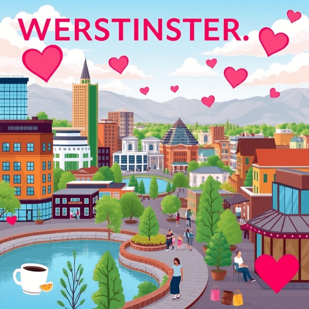 A colorful cityscape of Westminster, Colorado, with modern buildings and charming suburbs, featuring coffee cups, hearts, and social gatherings nea...