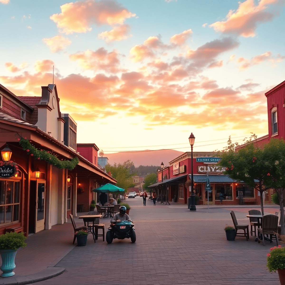 A picturesque small-town street in Clyde, California, lined with cozy cafes and parks, bathed in a warm sunset glow, evoking a sense of community a...