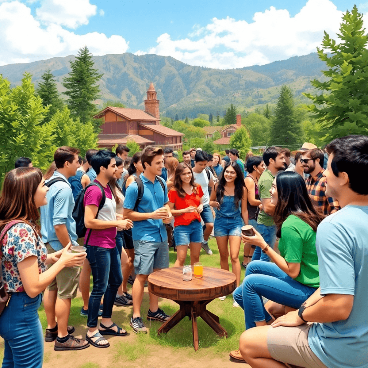 A lively outdoor singles event in Millerton, California, with young adults hiking, mingling, laughing, and playing games amidst nature and local la...