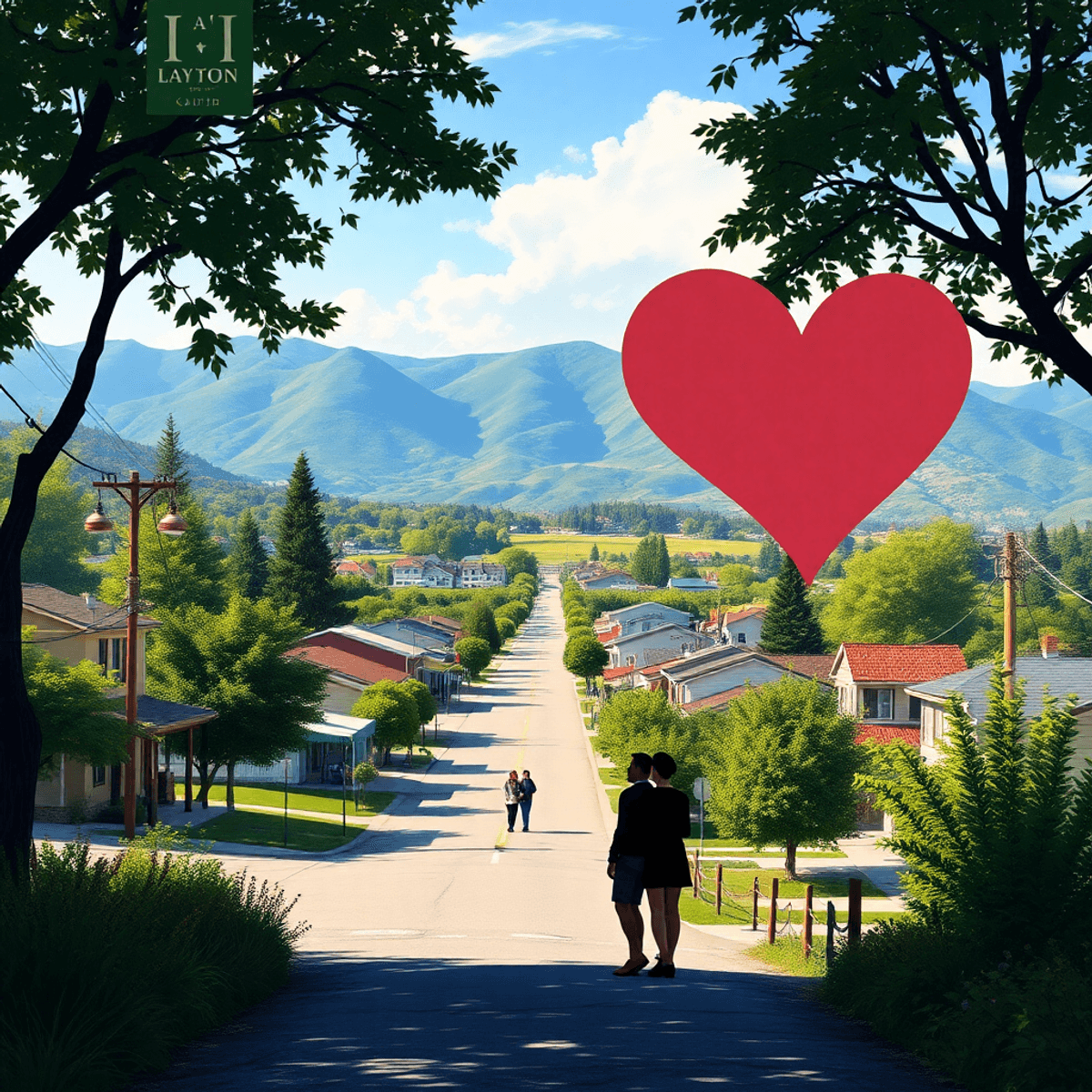 A picturesque view of Laytonville, California, featuring lush greenery and mountains, with subtle heart shapes and a couple enjoying the outdoors, ...