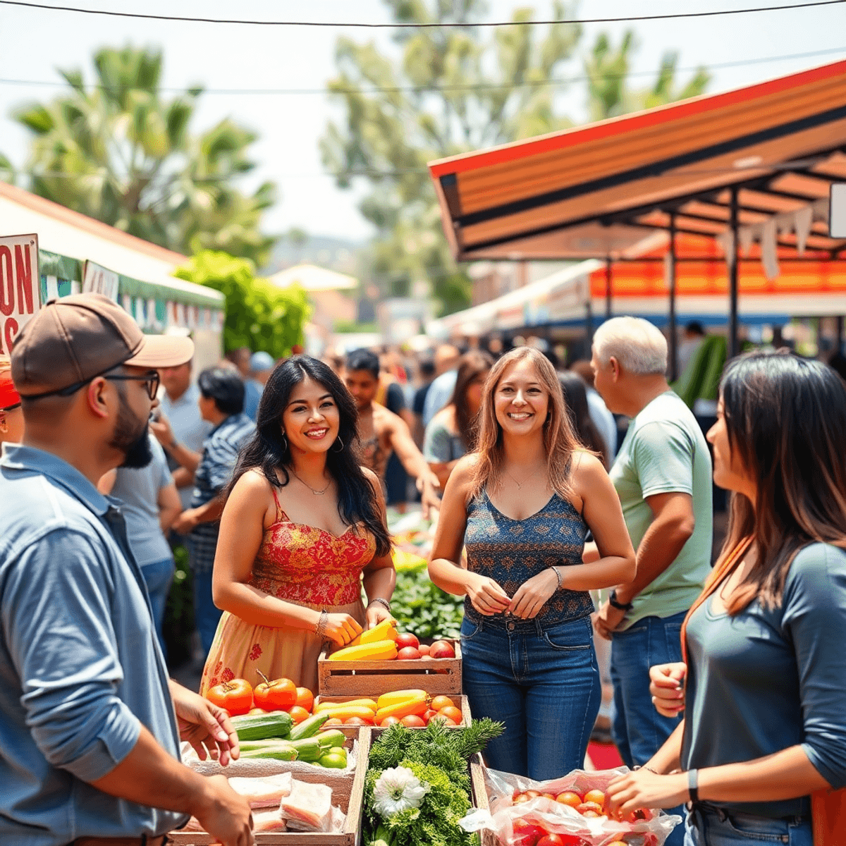 A lively outdoor farmers' market in East Tulare Villa, featuring colorful stalls, fresh produce, and people engaging in conversation, fostering a s...