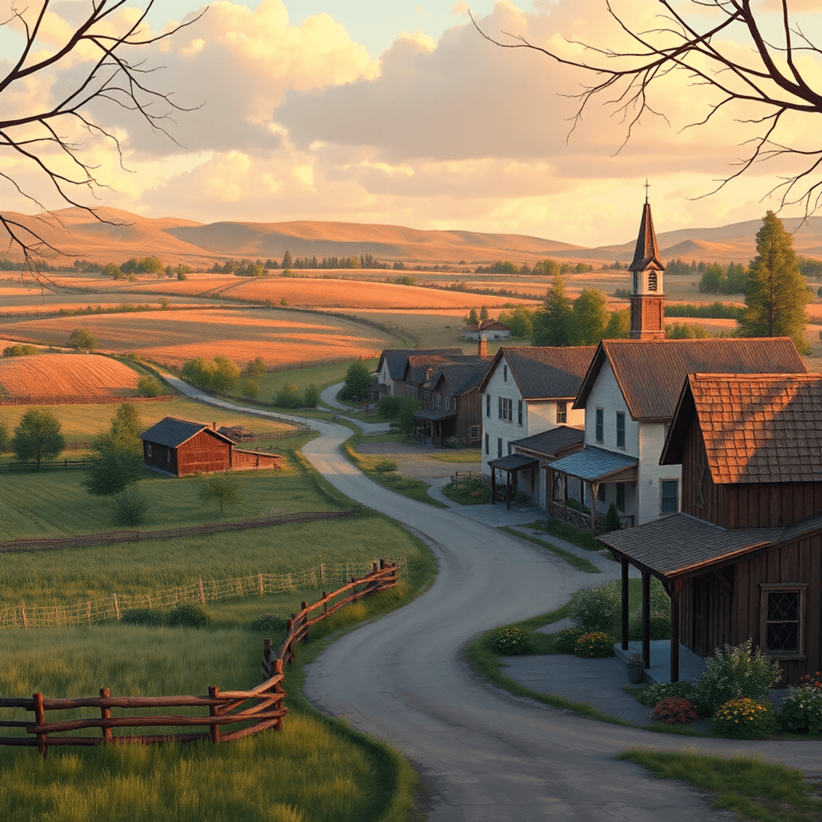 A charming small-town scene with agricultural landscapes, rustic farmhouses, a cozy library, and a local church, evoking warmth and community conne...