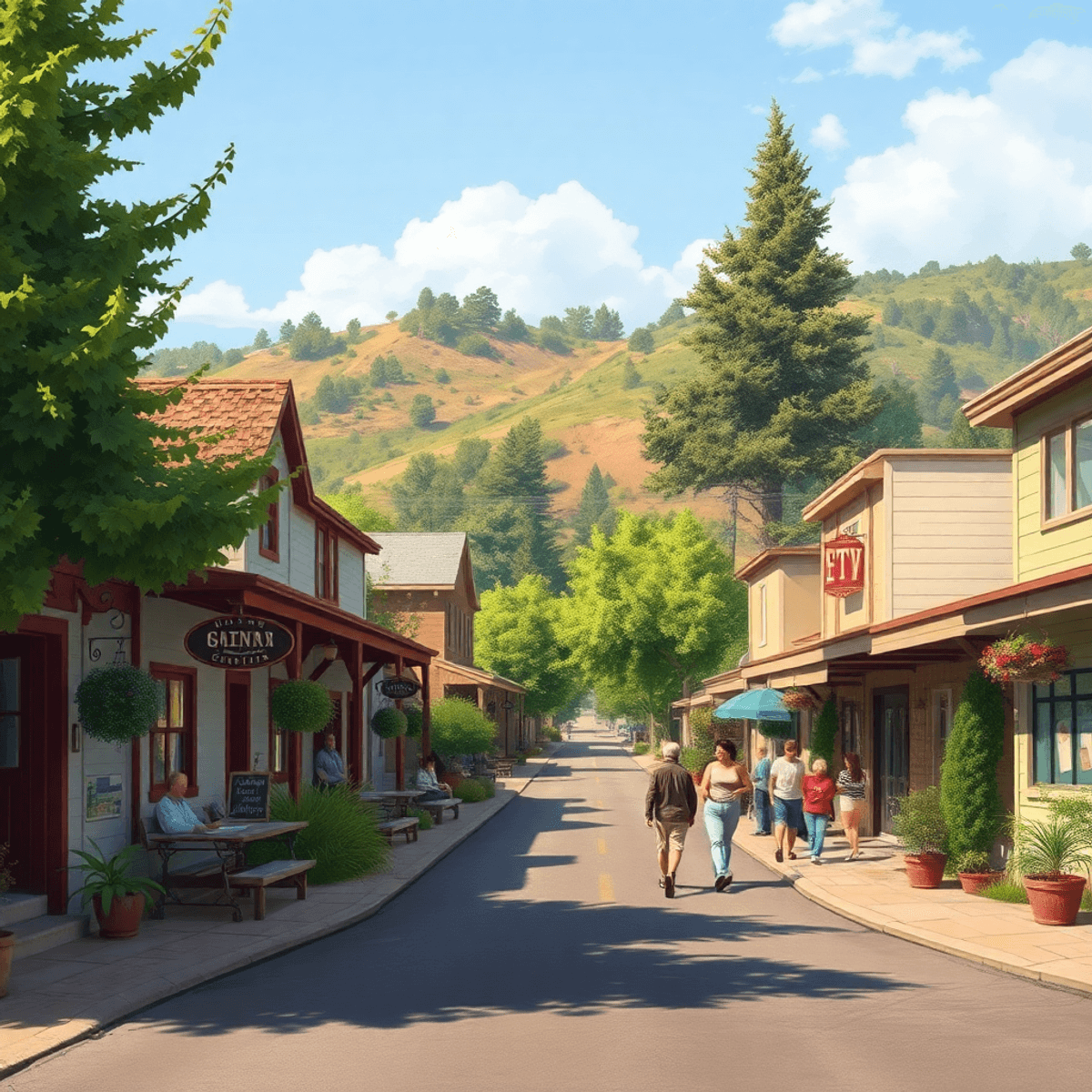 A charming small-town scene in Etna, California, featuring quaint houses, lush greenery, and a local gathering that radiates warmth and community s...