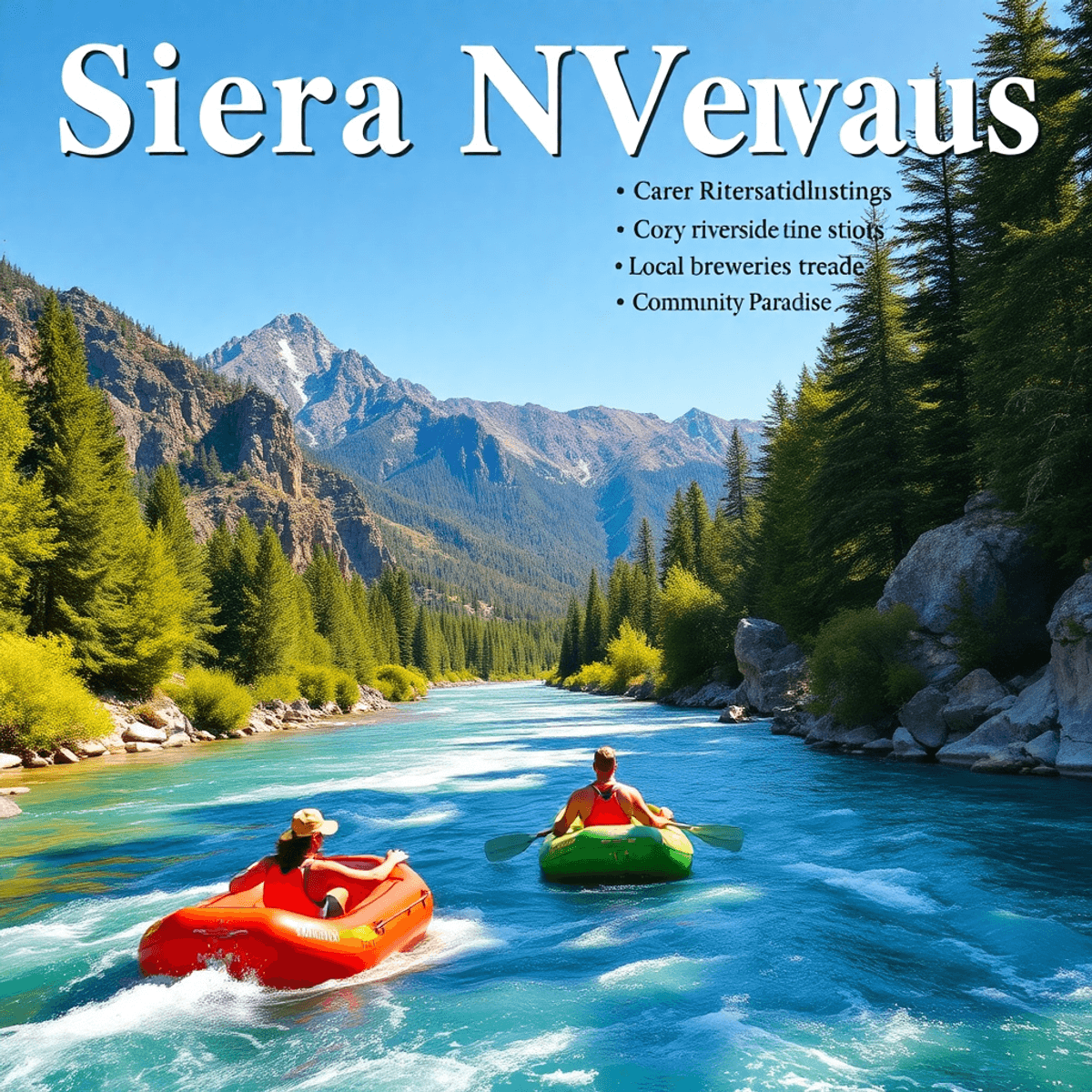 A couple whitewater rafting on a river with the Sierra Nevada mountains in the background, lush trees, rocky cliffs, and hints of riverside dining ...