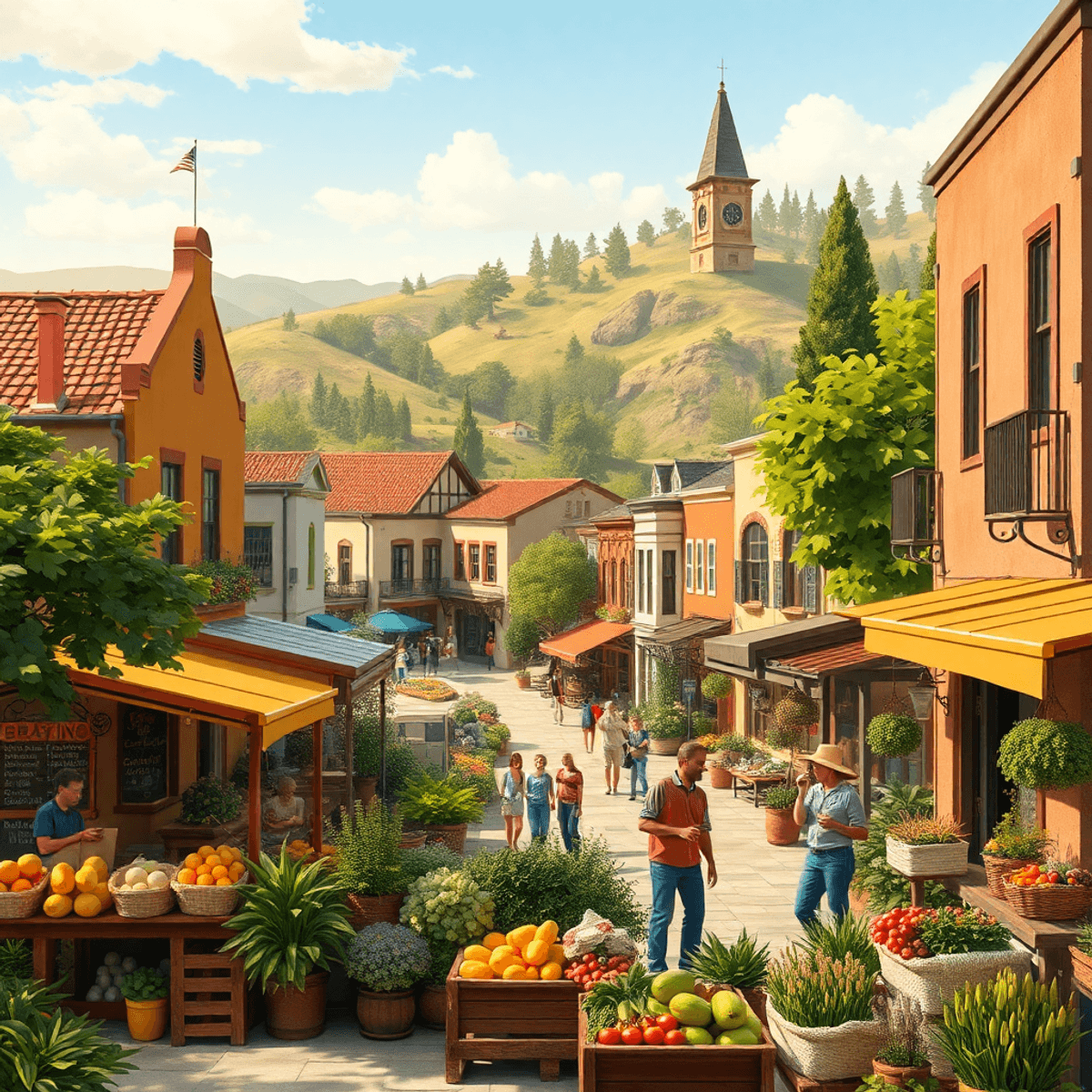 A charming small-town scene in California with historic buildings, a vibrant farmers' market, fresh produce, and locals interacting in a warm, invi...
