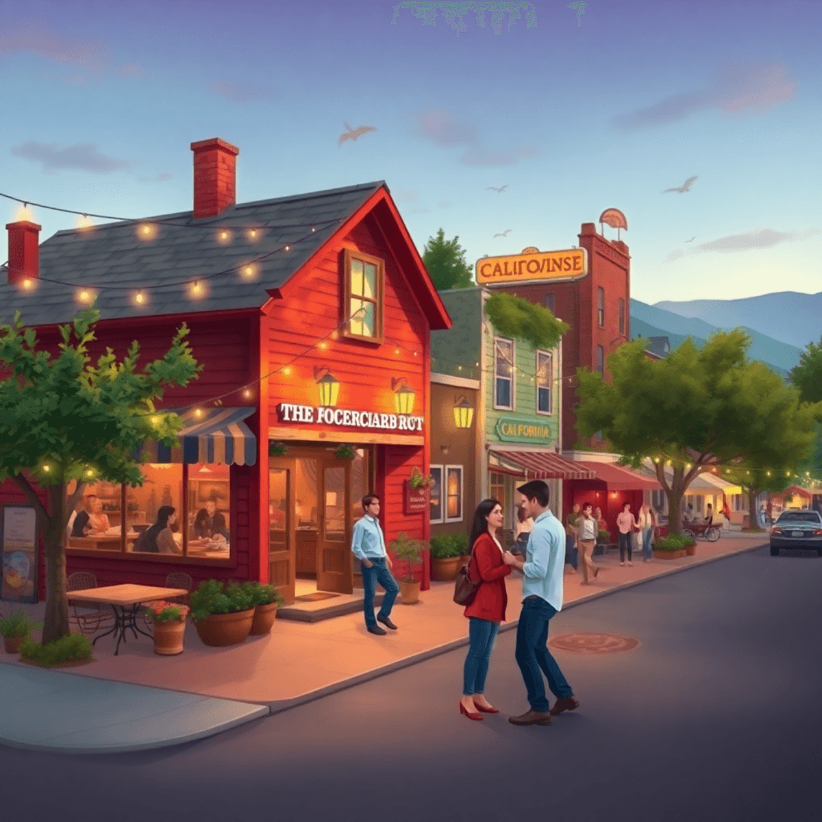 A warm, inviting small town scene in California with a cozy café, scenic park, twinkling lights, and couples enjoying a vibrant community event.