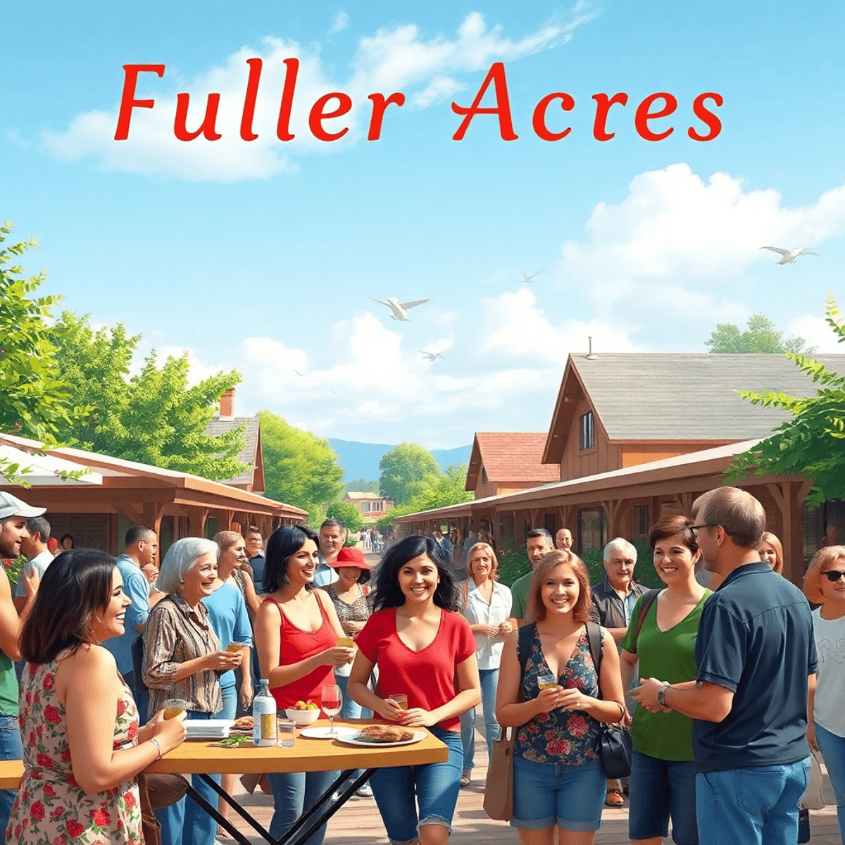 A lively community gathering in Fuller Acres, California, with singles enjoying outdoor activities and local events, surrounded by greenery and cha...