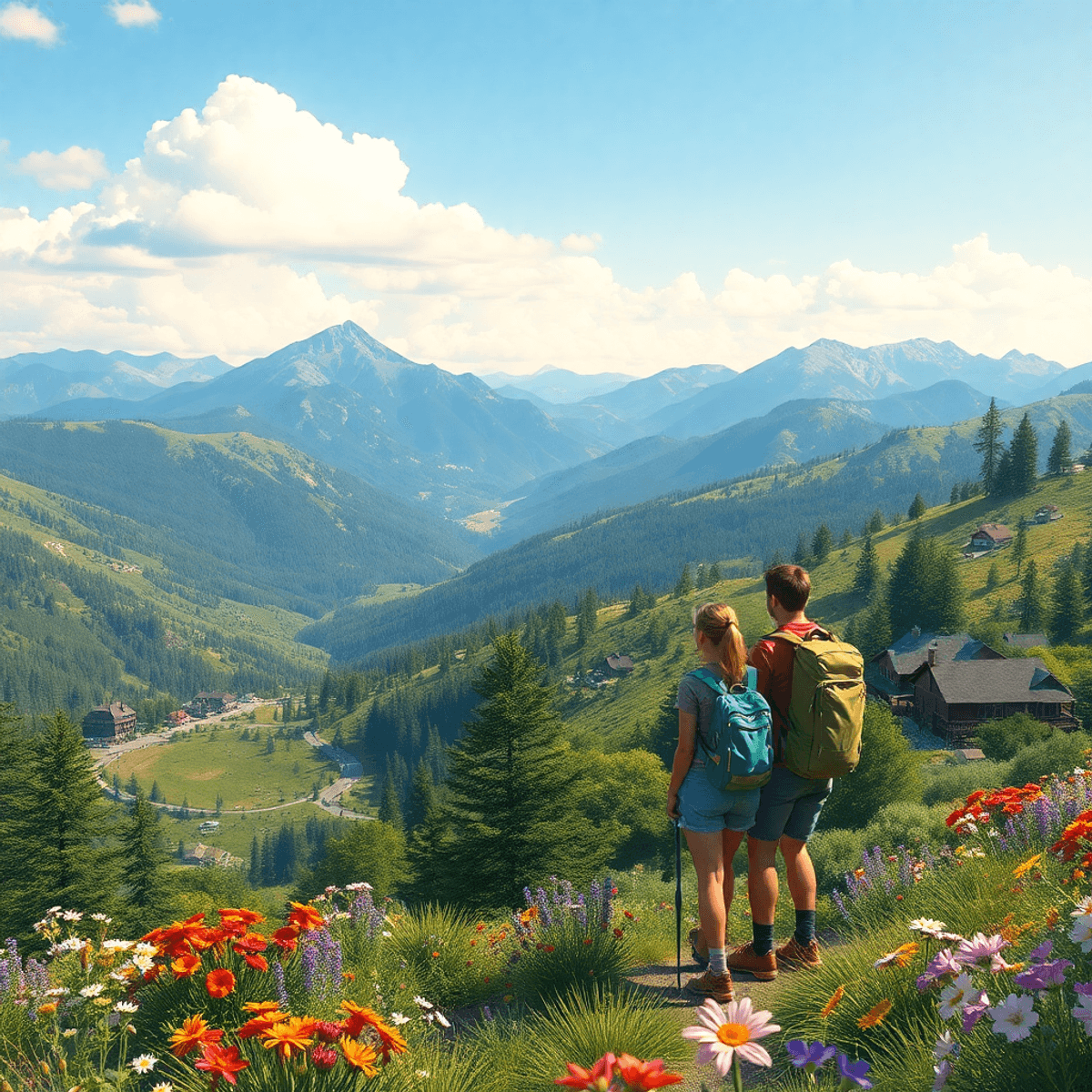 A couple of hikers exploring the Sierra Nevada foothills, surrounded by lush greenery and vibrant wildflowers, with breathtaking mountain landscape...