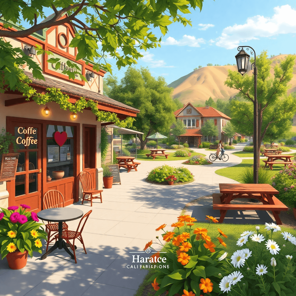A cozy coffee shop with outdoor seating, surrounded by greenery and flowers, next to a peaceful park with walking trails, creating a warm and invit...
