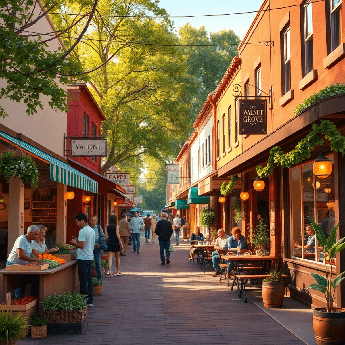 A charming small town scene in Walnut Grove, California, showcasing quaint shops, a lively farmers' market, and a cozy coffee shop filled with peop...