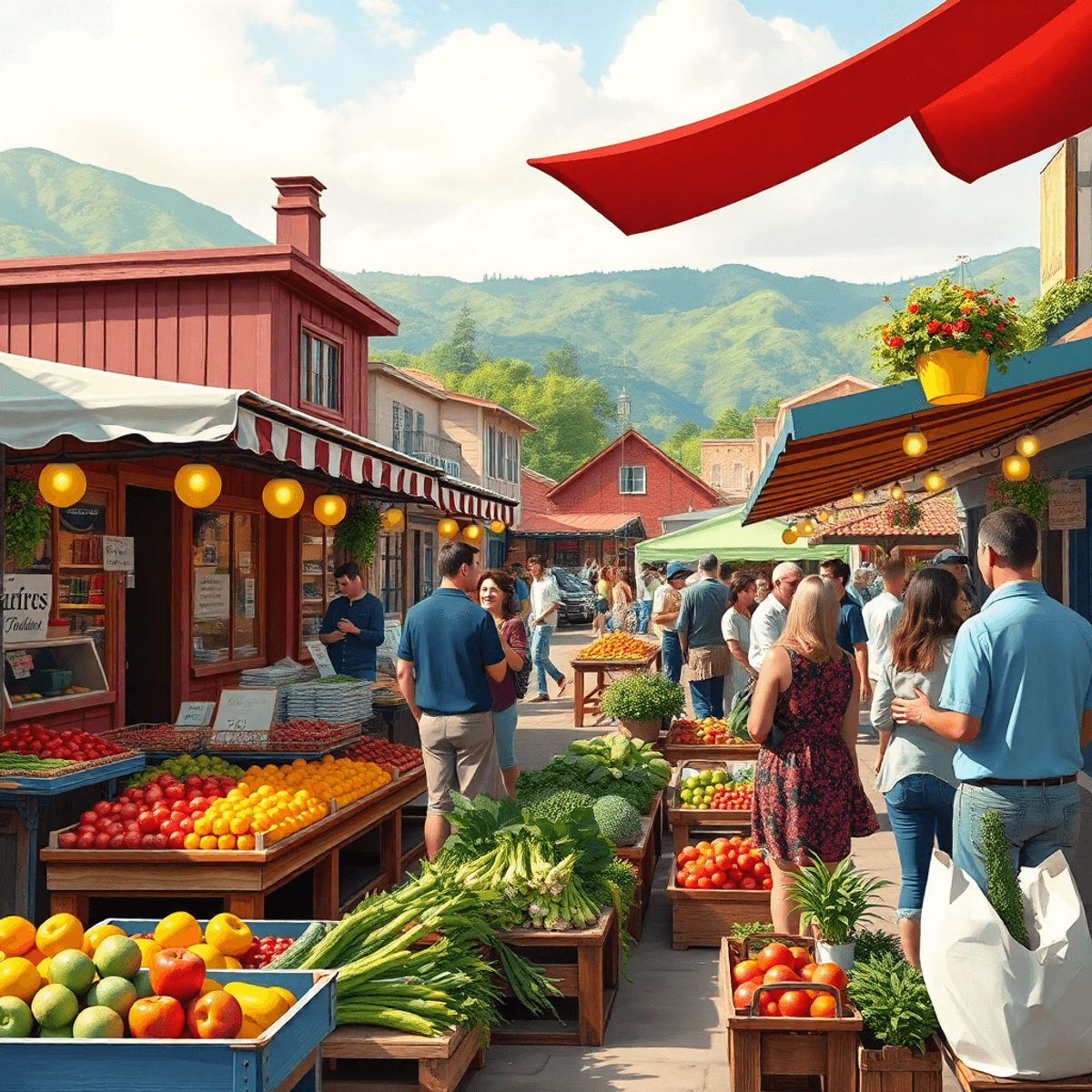 A lively farmers' market in a small town, filled with colorful stalls of fresh produce and people engaging in conversation, creating a warm and inv...