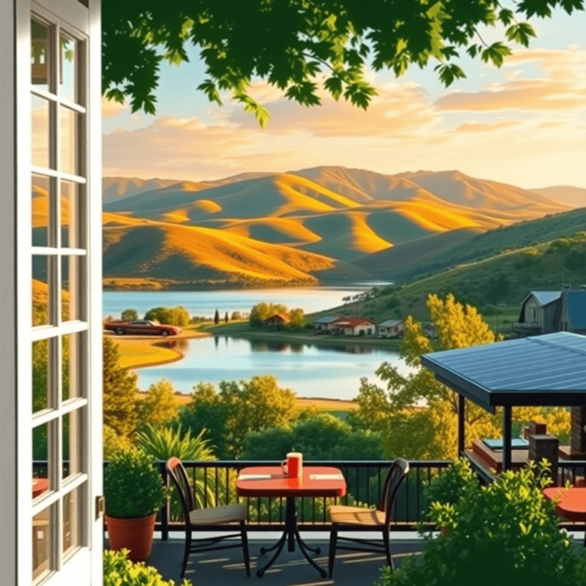 A charming café setting in the foreground with rolling hills and a serene lake in the background, showcasing bright colors that evoke warmth and co...