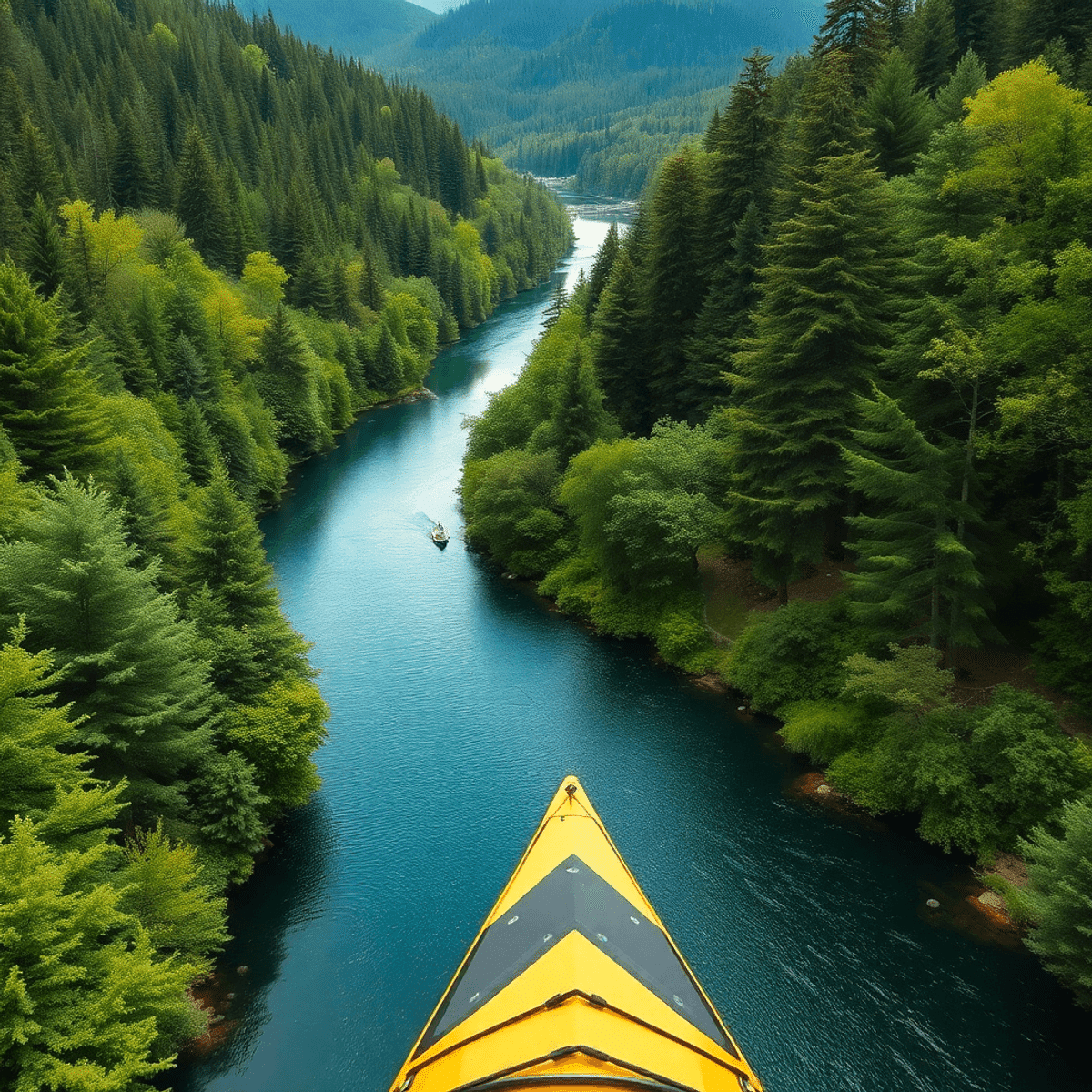 A serene view of the Trinity River meandering through vibrant green forests, with a kayak gently bobbing on the water, showcasing nature's beauty a...