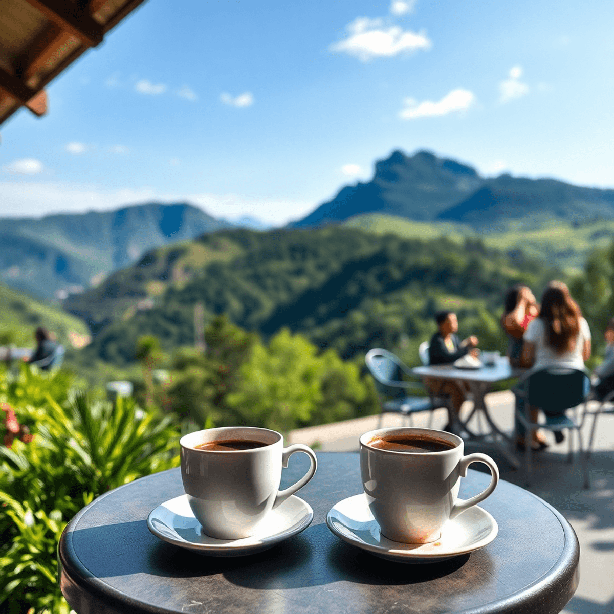 A cozy outdoor café in a picturesque mountain landscape, with two coffee cups on a table, lush greenery, and a small group chatting in the backgrou...