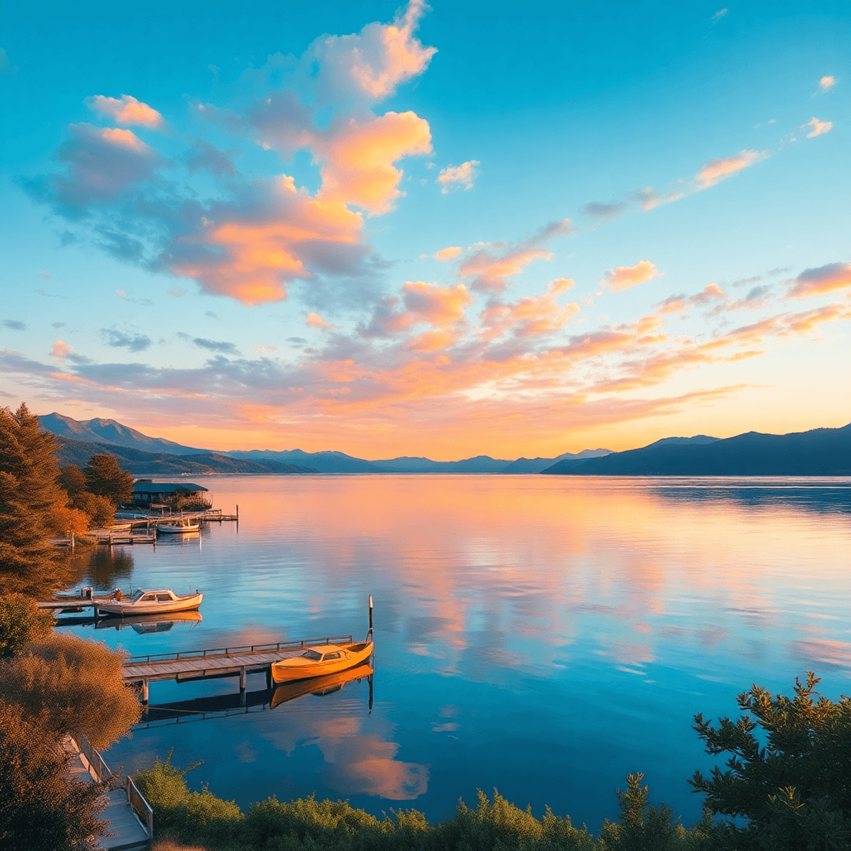 A serene lakeside view at Soda Bay, California, showcasing clear blue waters, vibrant sunset colors, lush greenery, and cozy local spots like a caf...