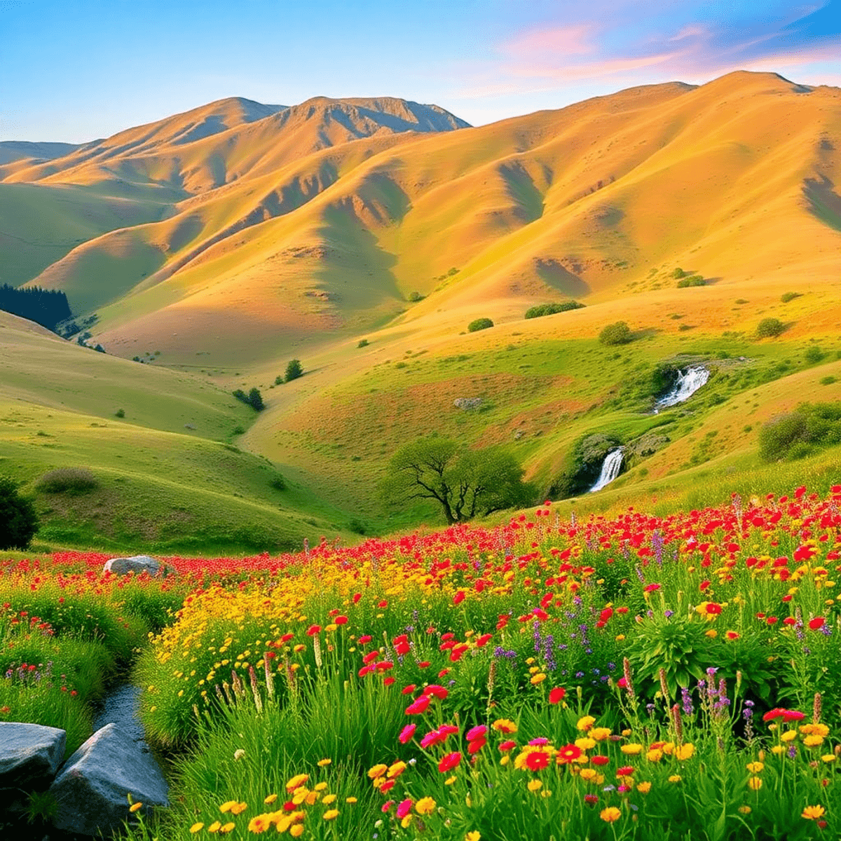 A beautiful landscape of Sunol Regional Wilderness with rolling hills, colorful wildflower meadows, and a peaceful waterfall, creating a romantic a...