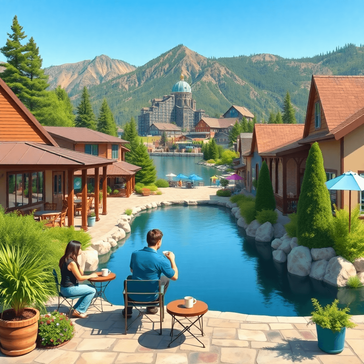 A couple enjoys coffee on a patio surrounded by lush greenery, with Blue Lake's charming café and vibrant casino visible in the background.