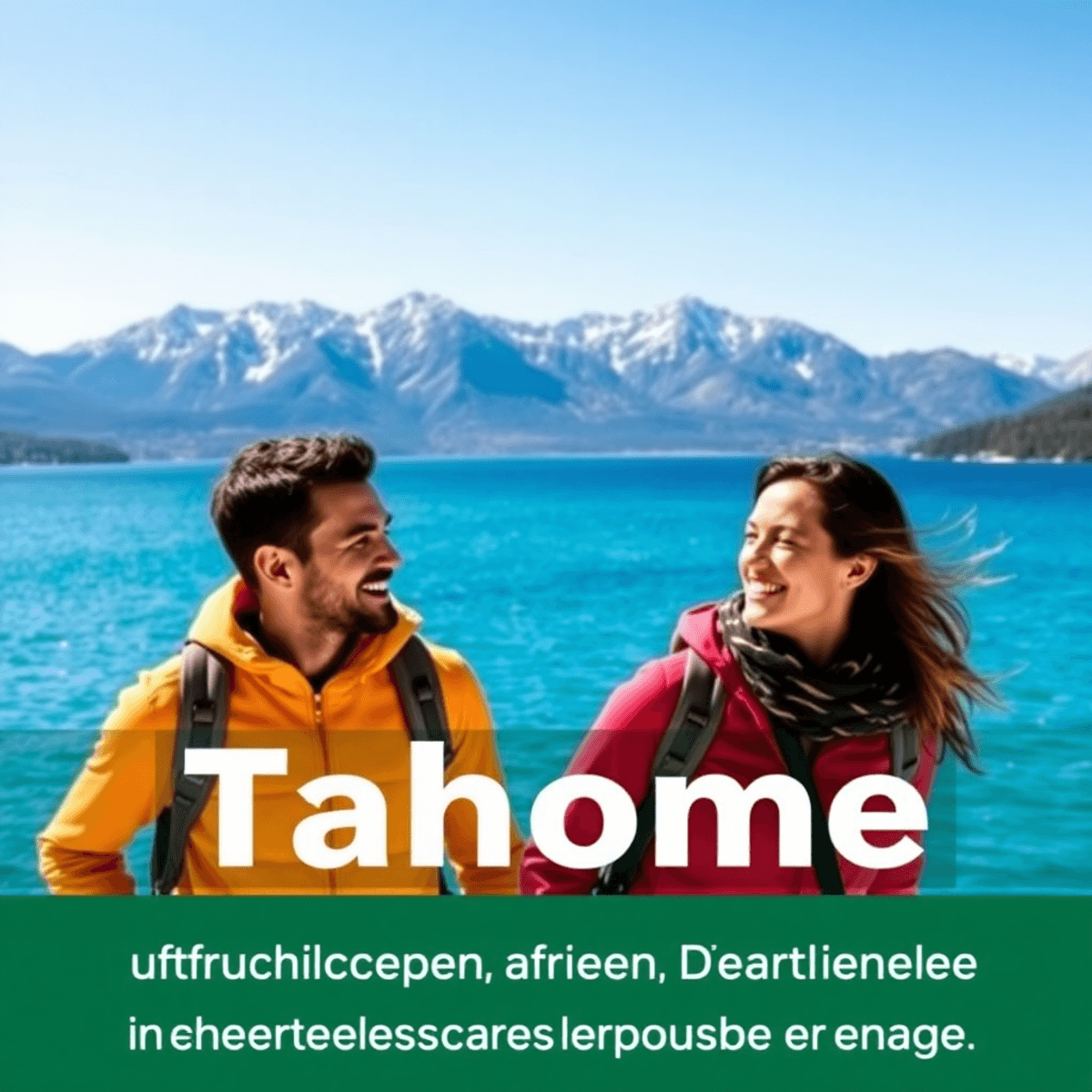 A scenic view of Lake Tahoe with majestic mountains and clear blue waters, featuring a couple enjoying outdoor activities like hiking or skiing.