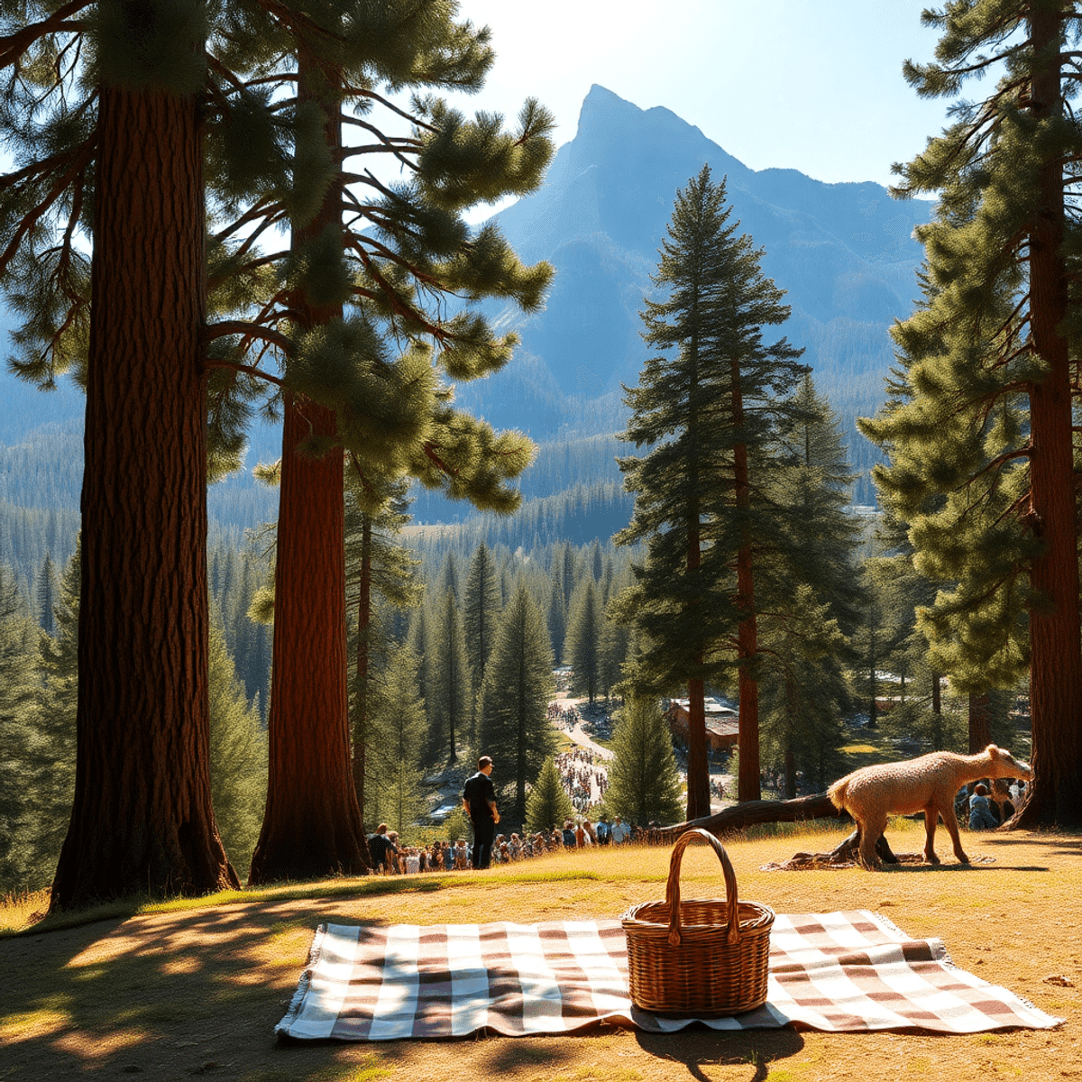 A scenic view of Dorrington, California, featuring tall sequoia trees, hiking trails, and a picnic setup with a blanket and basket under the trees ...