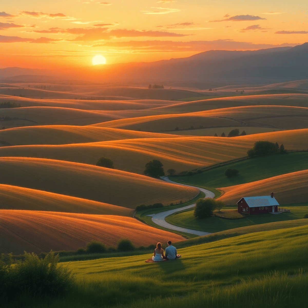 A serene rural landscape of Cantua Creek at sunset, featuring rolling fields, a quaint farmhouse, and a couple enjoying a peaceful picnic.