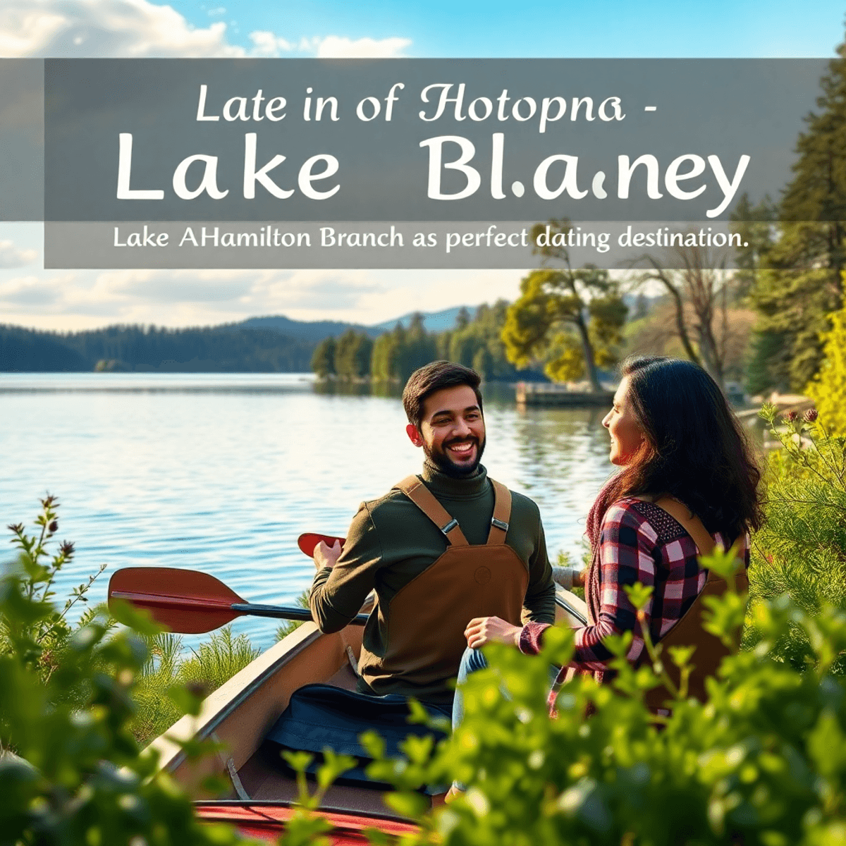 A couple smiles and engages in conversation while kayaking on Lake Almanor, surrounded by lush greenery and tranquil waters, creating a romantic la...
