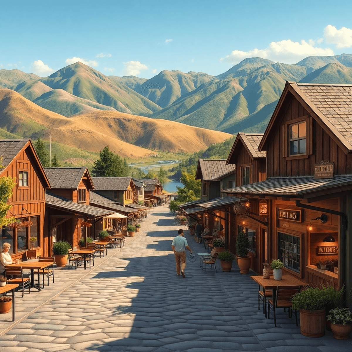 A cozy small-town scene in Fall River Mills, California, with cafes and breweries nestled among rolling hills and clear waters, evoking a warm, inv...