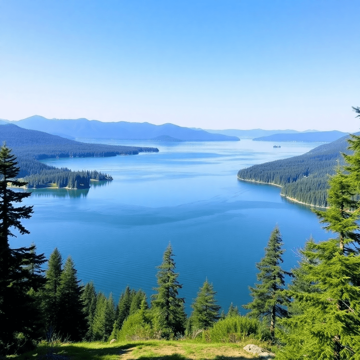 A serene view of Lake Shasta surrounded by lush greenery, hiking trails, a clear blue sky, and gentle waves, creating a tranquil outdoor setting.