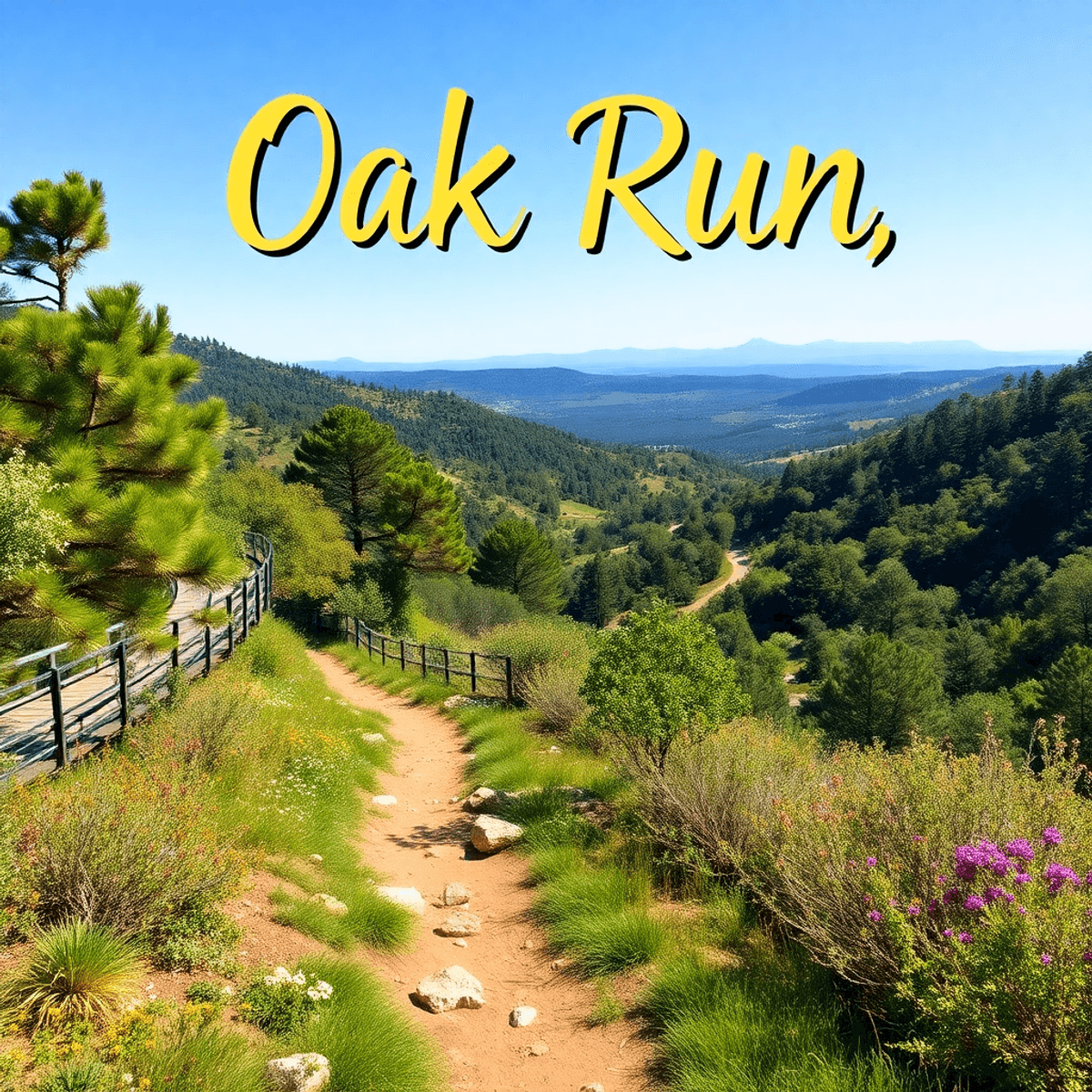 A scenic landscape of Oak Run, California, showcasing lush greenery and hiking trails under a clear blue sky, inviting connection and outdoor adven...