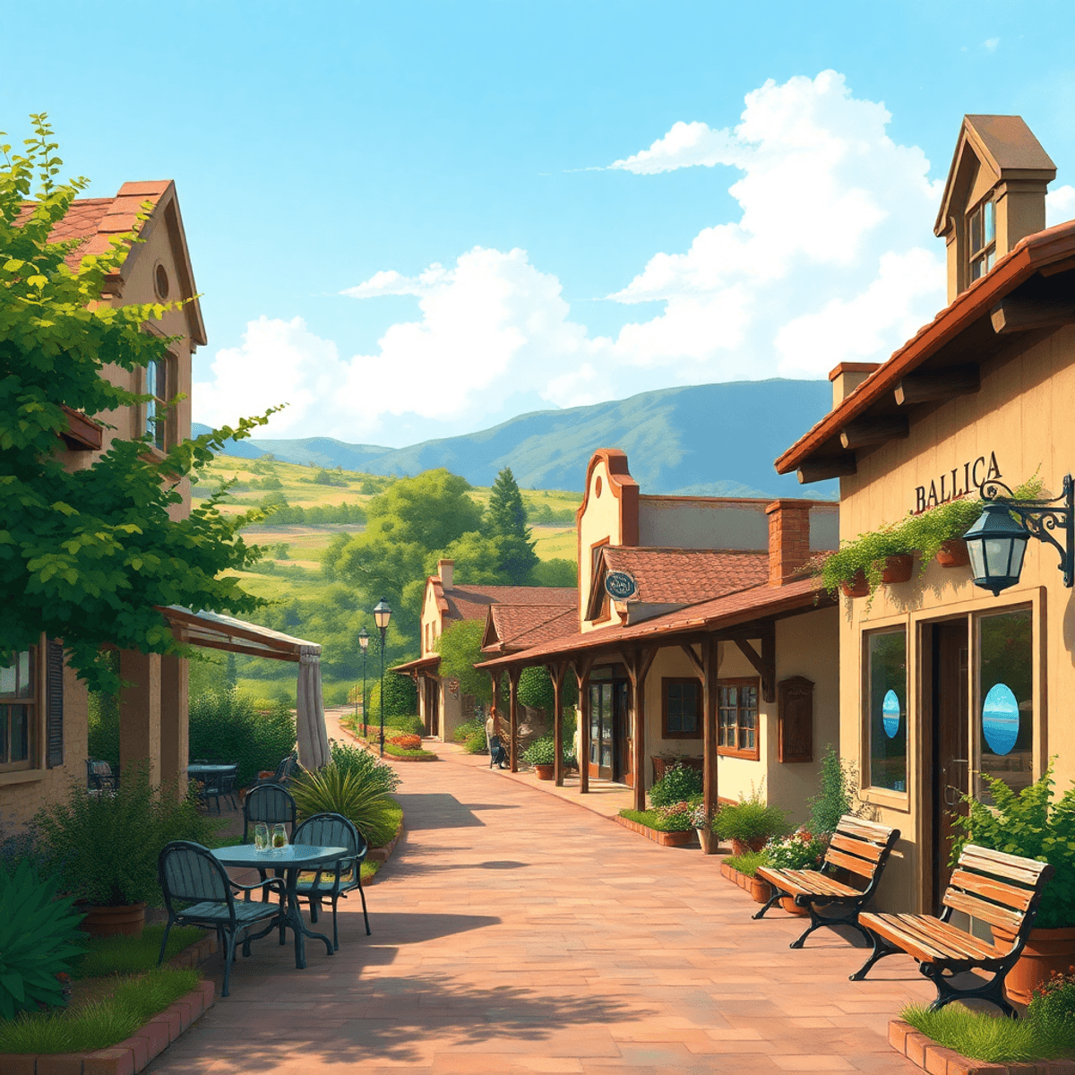 A quaint small-town street in Ballico, California, with rustic buildings, lush greenery, and a cozy café, evoking warmth and intimacy in the commun...