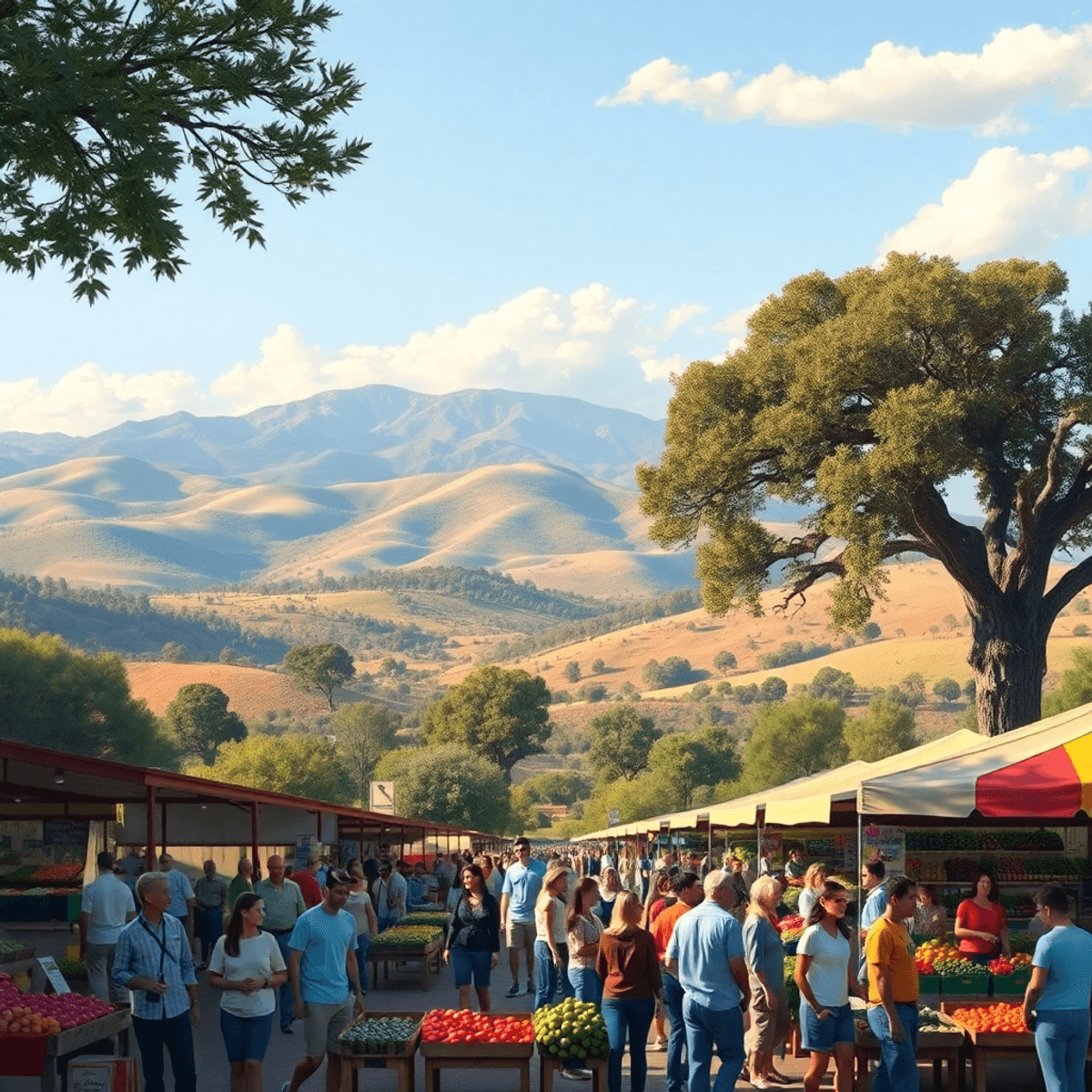 A vibrant farmers' market in Round Valley, California, with colorful stalls of fresh produce, rolling hills, oak trees, and people enjoying a livel...