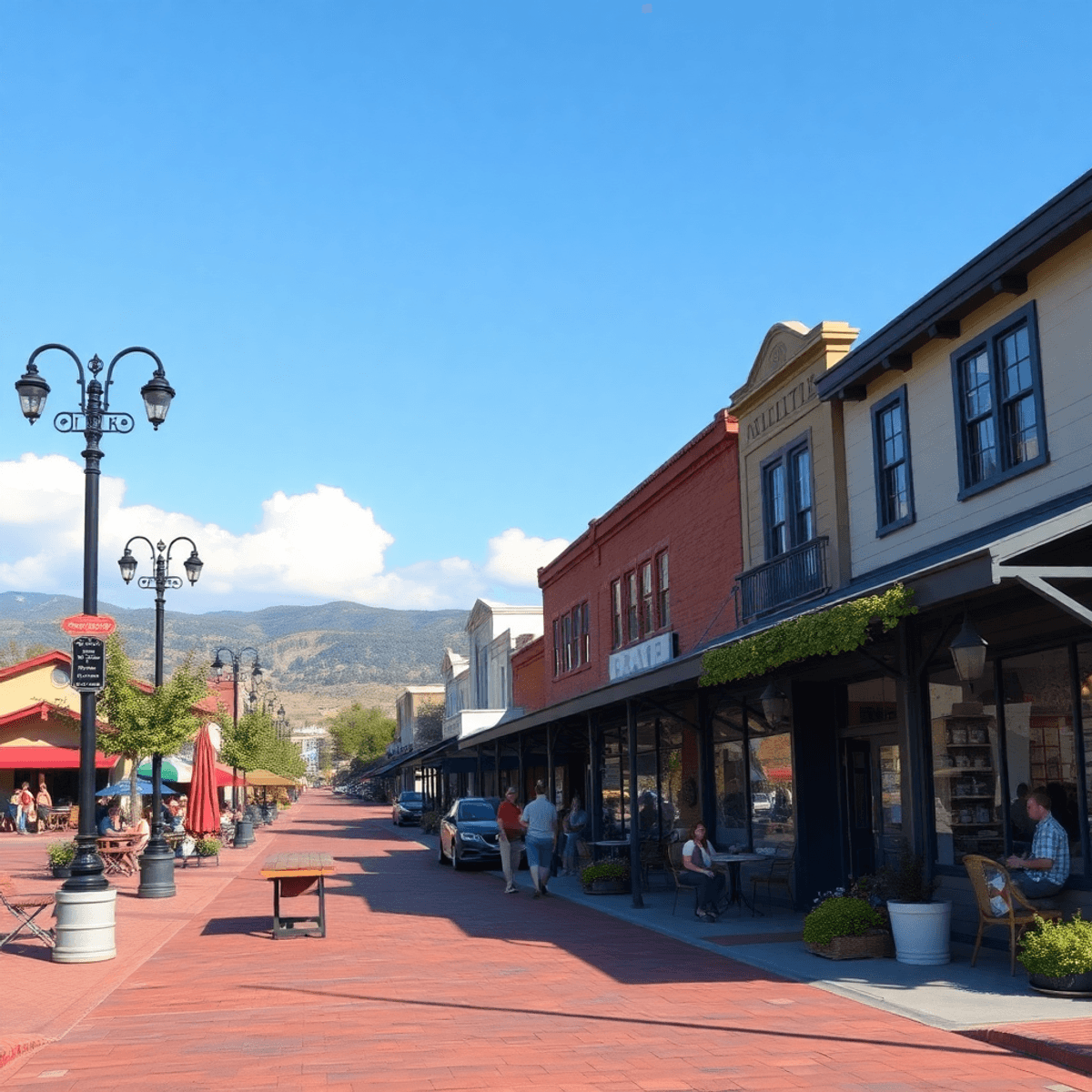 A charming small-town main street in Boulevard, California, lined with quaint shops and cafes, surrounded by hiking trails and picnic spots, evokin...