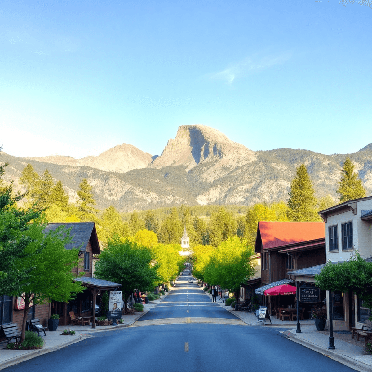 A scenic view of El Portal, California, featuring rustic buildings and lush greenery with the majestic Yosemite backdrop, highlighting outdoor adve...