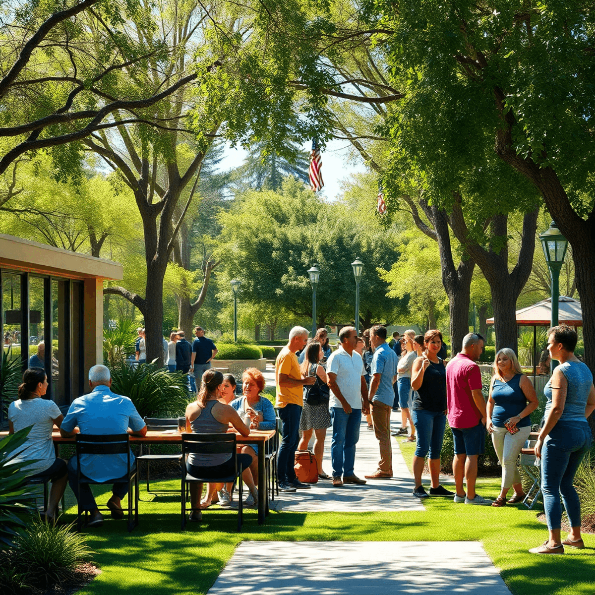 A lively community park scene in California, showcasing singles chatting at a coffee shop, joining a fitness class, and mingling at an event amidst...