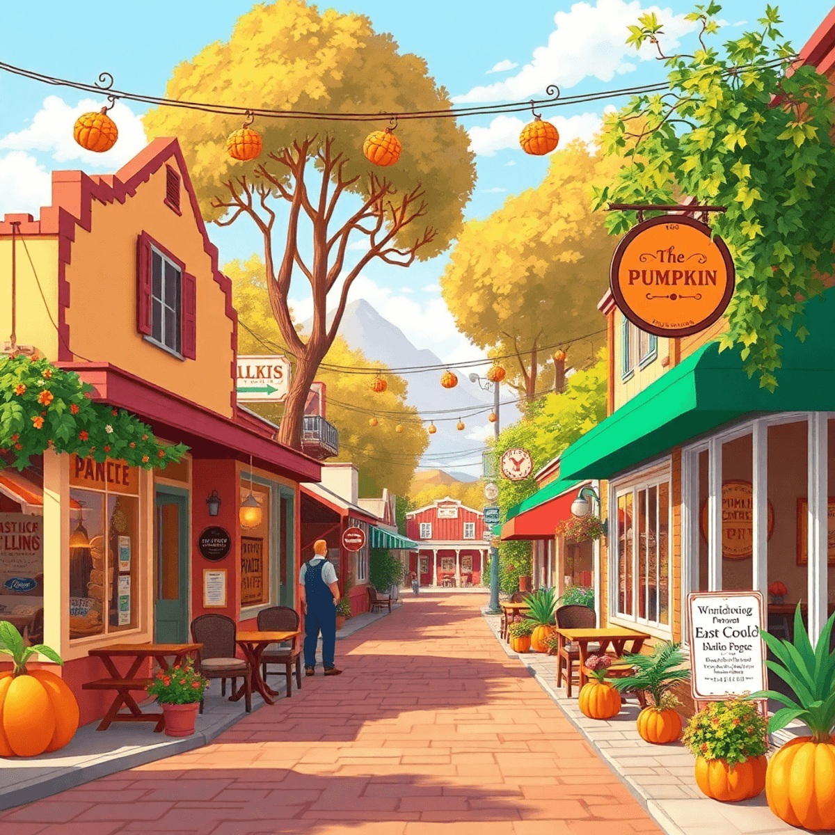 A cozy small-town street in Pumpkin Center, California, filled with charming cafes and local shops, showcasing a warm and inviting community atmosp...