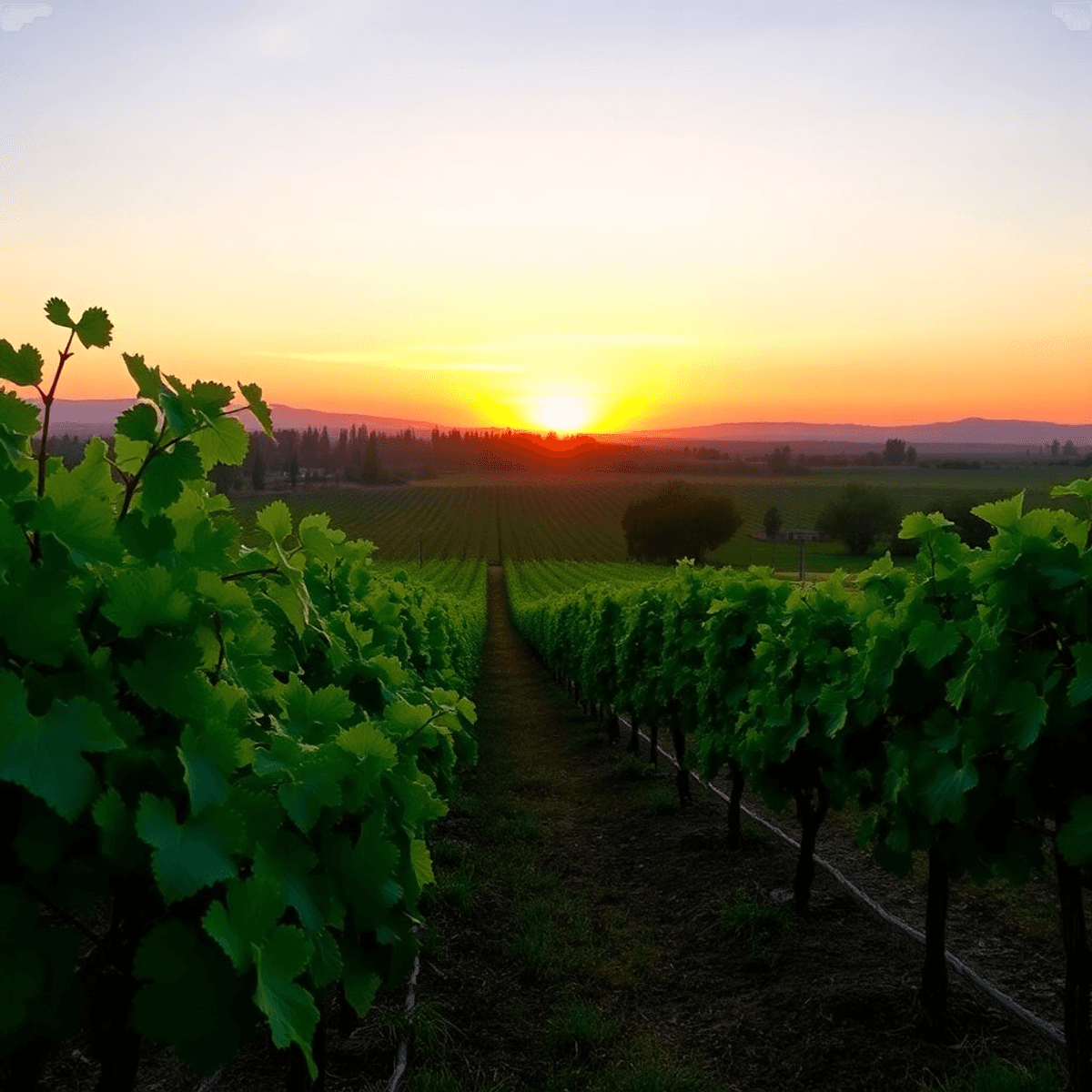 A stunning sunset over lush grapevines in Deer Park, California, with a warm sky creating a romantic atmosphere ideal for singles in a charming win...