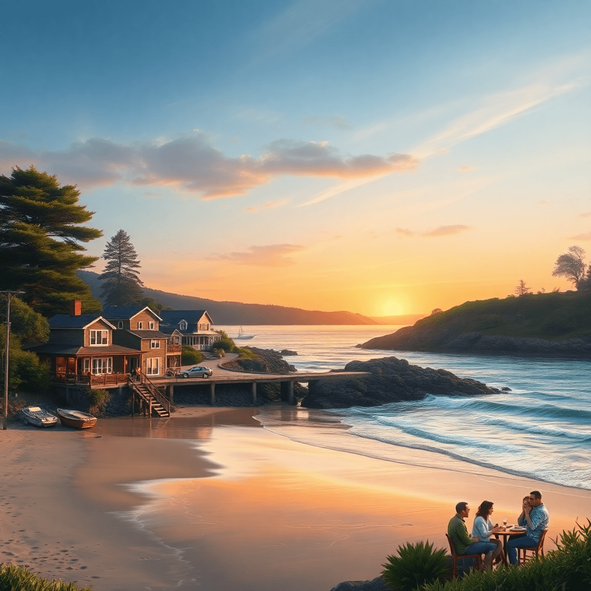 A serene coastal scene in Fields Landing, California, showcasing a charming beach with gentle waves, lush greenery, and a vibrant sunset, with a co...