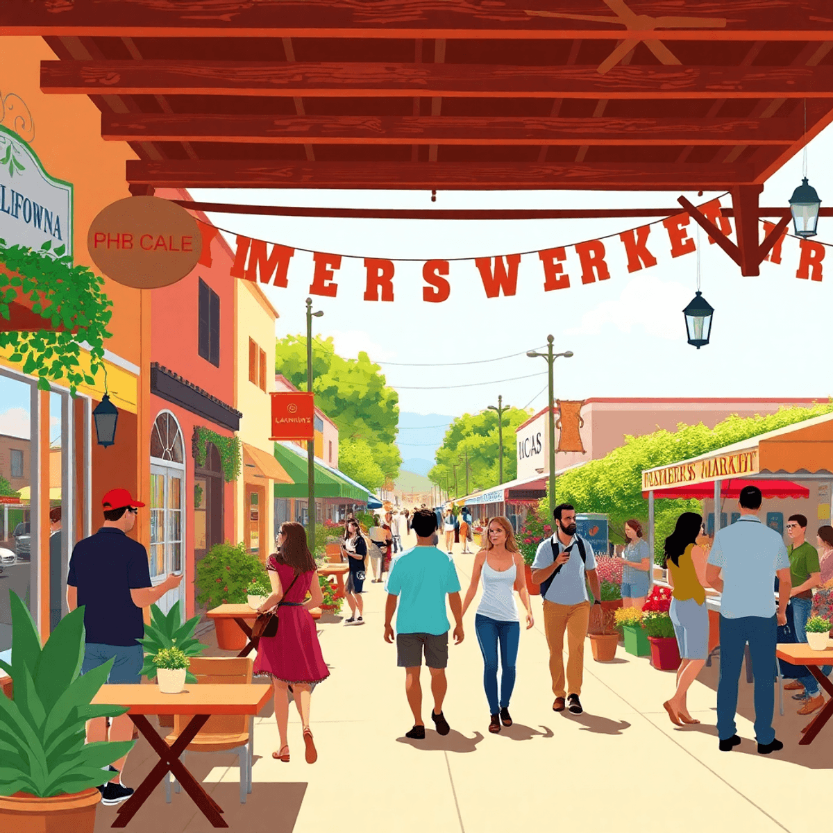 A lively small-town street in California's Central Valley, filled with local cafes and farmers' markets, showcasing people chatting and enjoying a ...