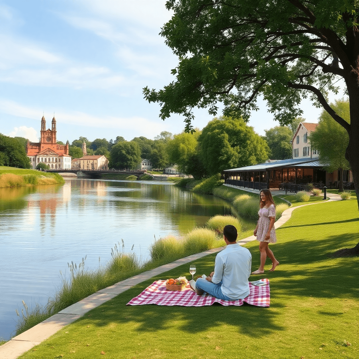A picturesque riverside in Courtland, California, with lush greenery, historic buildings, and a couple walking by a charming picnic setup, evoking ...