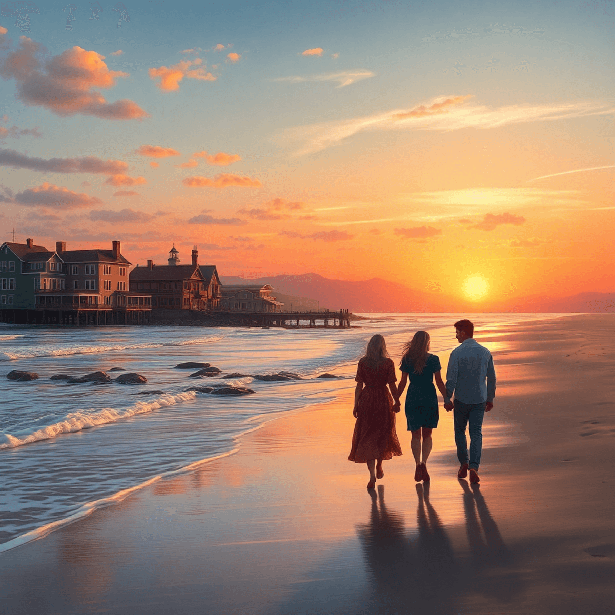 A romantic coastal sunset in Davenport, California, with gentle waves, historical buildings in the background, and a couple walking hand in hand on...