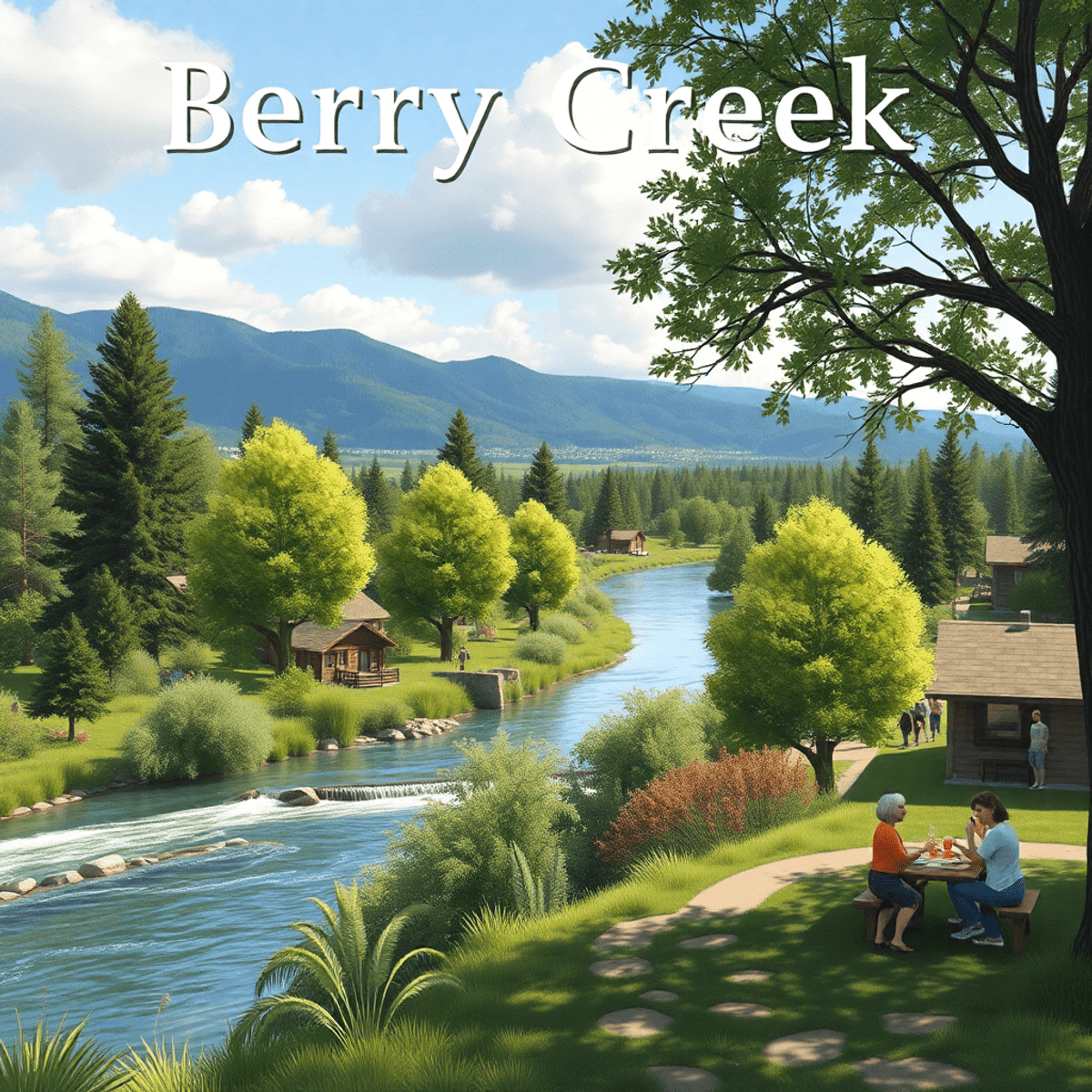 A scenic view of Berry Creek, California, featuring lush greenery, a calm river, and people enjoying hiking and picnicking in a warm, inviting outd...