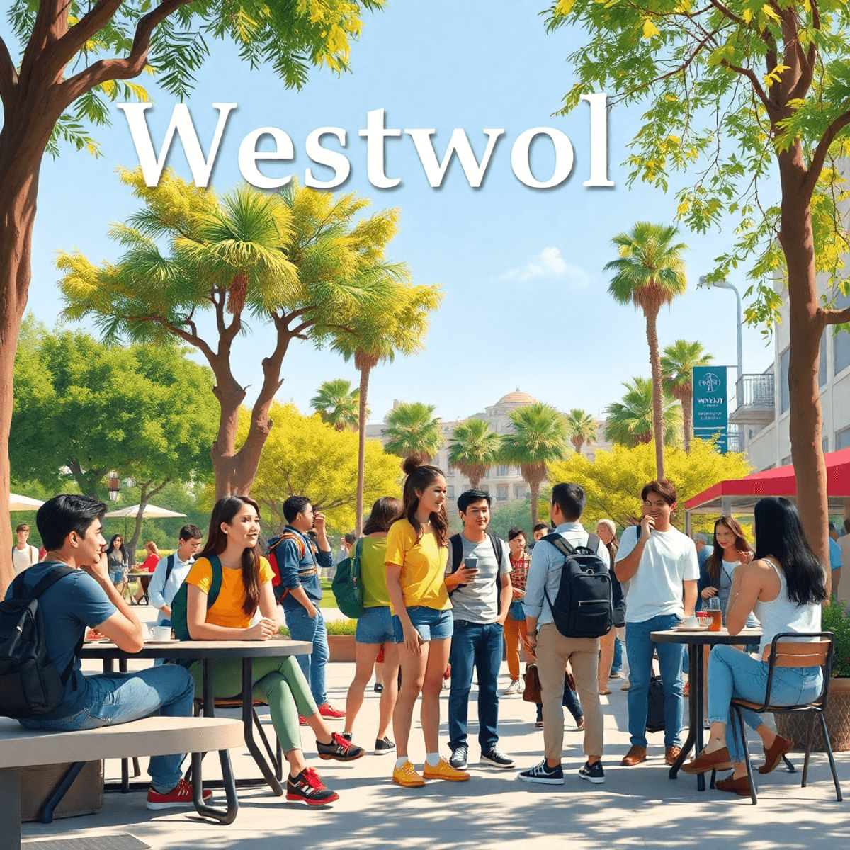 A lively scene in Westwood, California, showcasing young people socializing in a sunny park with trees and outdoor seating, reflecting community sp...