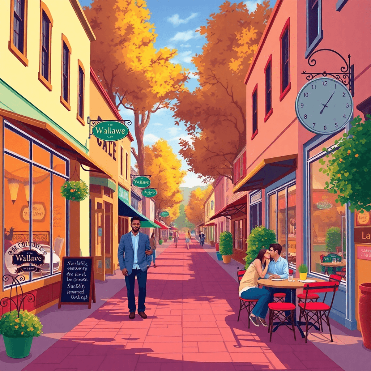 A charming small-town street in Wallace, California, with inviting storefronts and cozy cafes. A couple enjoys time together at an outdoor table, e...