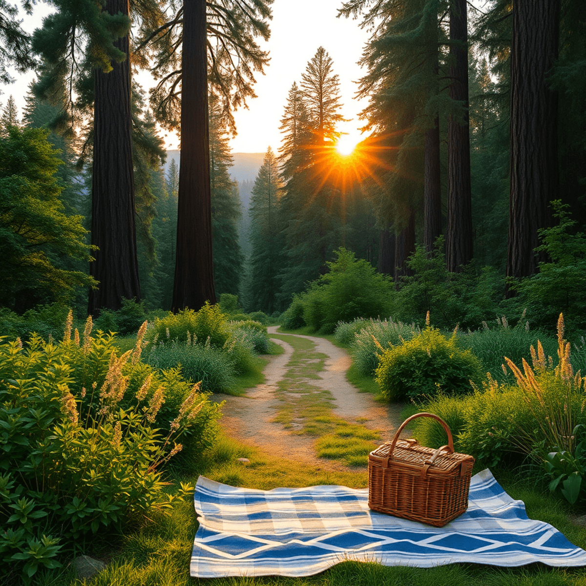 A scenic trail in Fieldbrook, California, surrounded by lush greenery and towering redwoods, with a sunset casting warm light over a picnic blanket...
