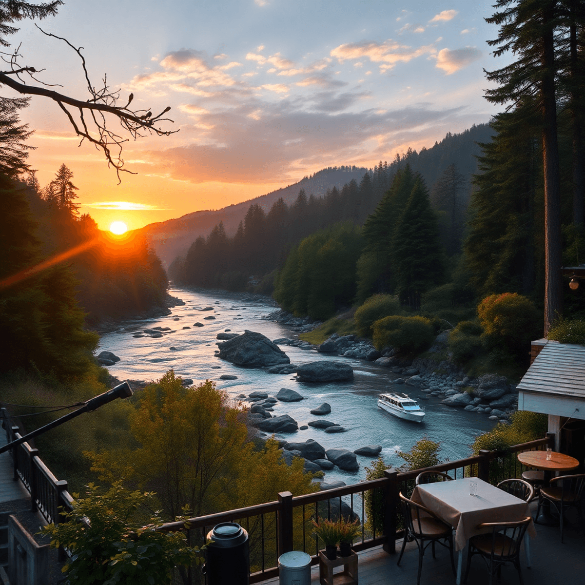Scenic view of the Russian River winding through redwood forests at sunset, featuring a cozy café and hints of hiking trails, evoking romance and c...