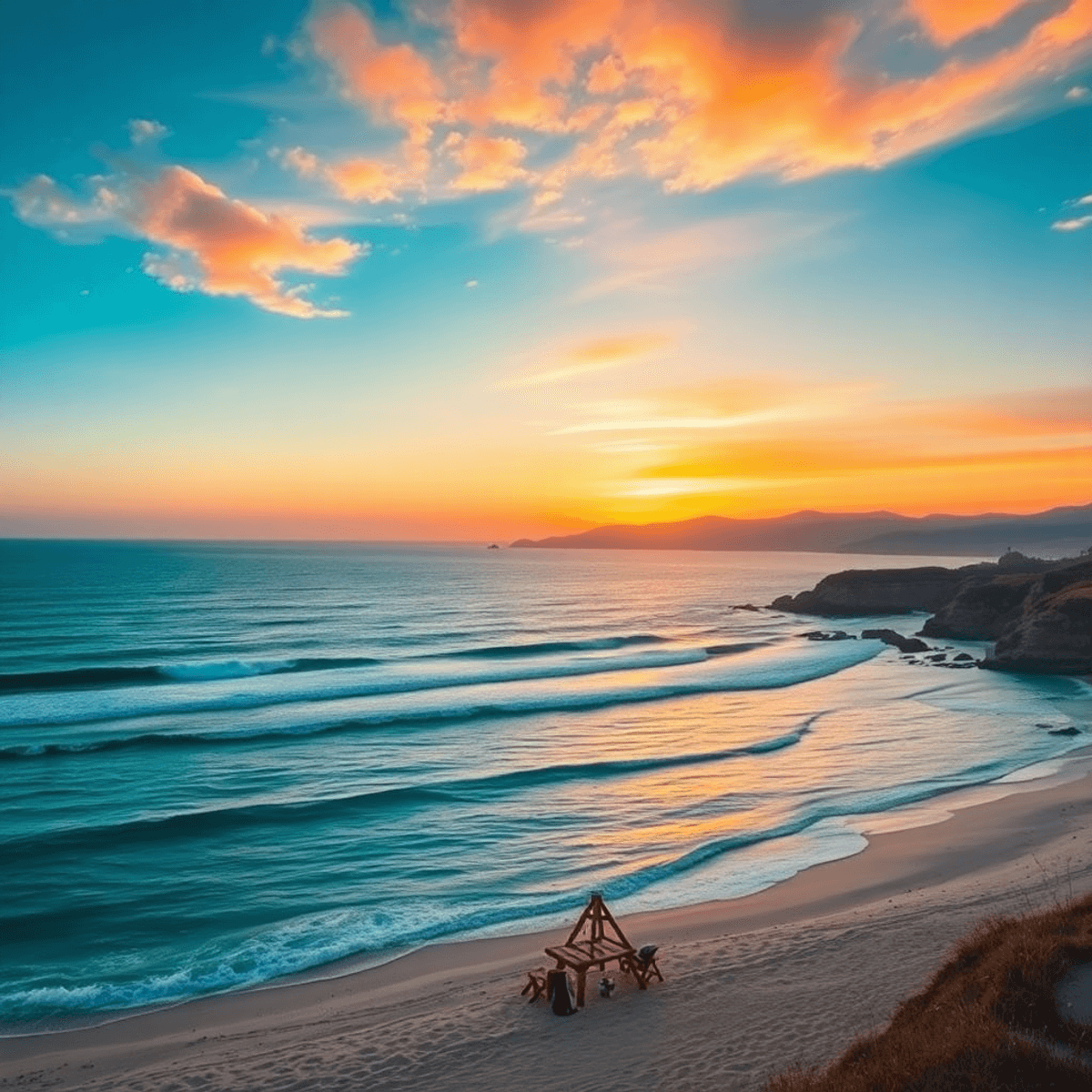 A serene coastal landscape at Anchor Bay, California, showcasing pristine beaches, gentle waves, and a vibrant sunset with beach chairs and a picni...