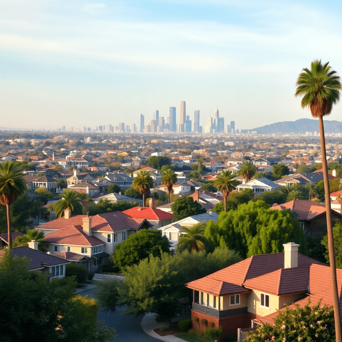 A picturesque small town with upscale homes nestled in lush greenery, featuring the Los Angeles skyline in the background, blending suburban tranqu...