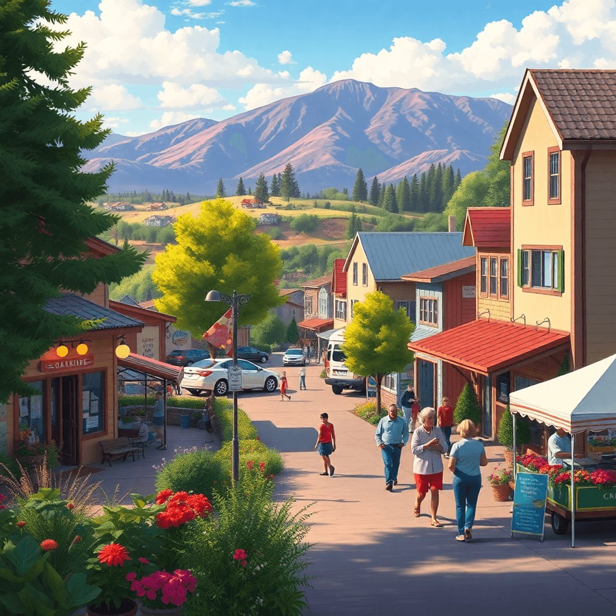 A vibrant small-town scene in Lakeside, California, showcasing cozy coffee shops, scenic trails, and lively community events like a parade and farm...
