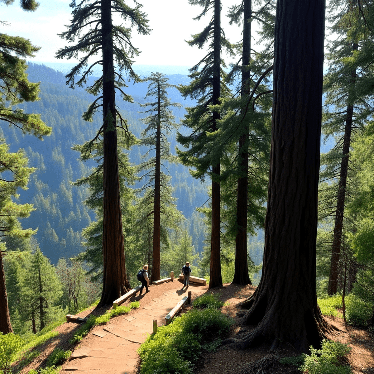 A scenic view of the Santa Cruz Mountains featuring tall redwood trees and a winding hiking trail, showcasing the natural beauty of Lompico, Califo...