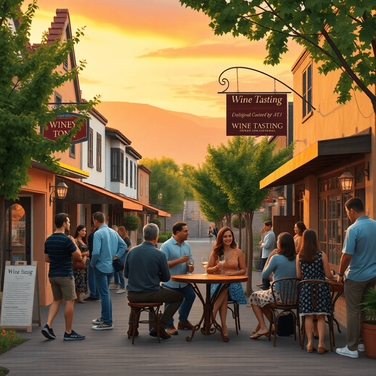 A cozy small-town street in Alta, California, with a vineyard and people enjoying a wine tasting event under a warm sunset, surrounded by trees and...